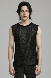 Black Round Collar Sleeveless Print Ripped Distressed Eyelet Men's Gothic Tank Top